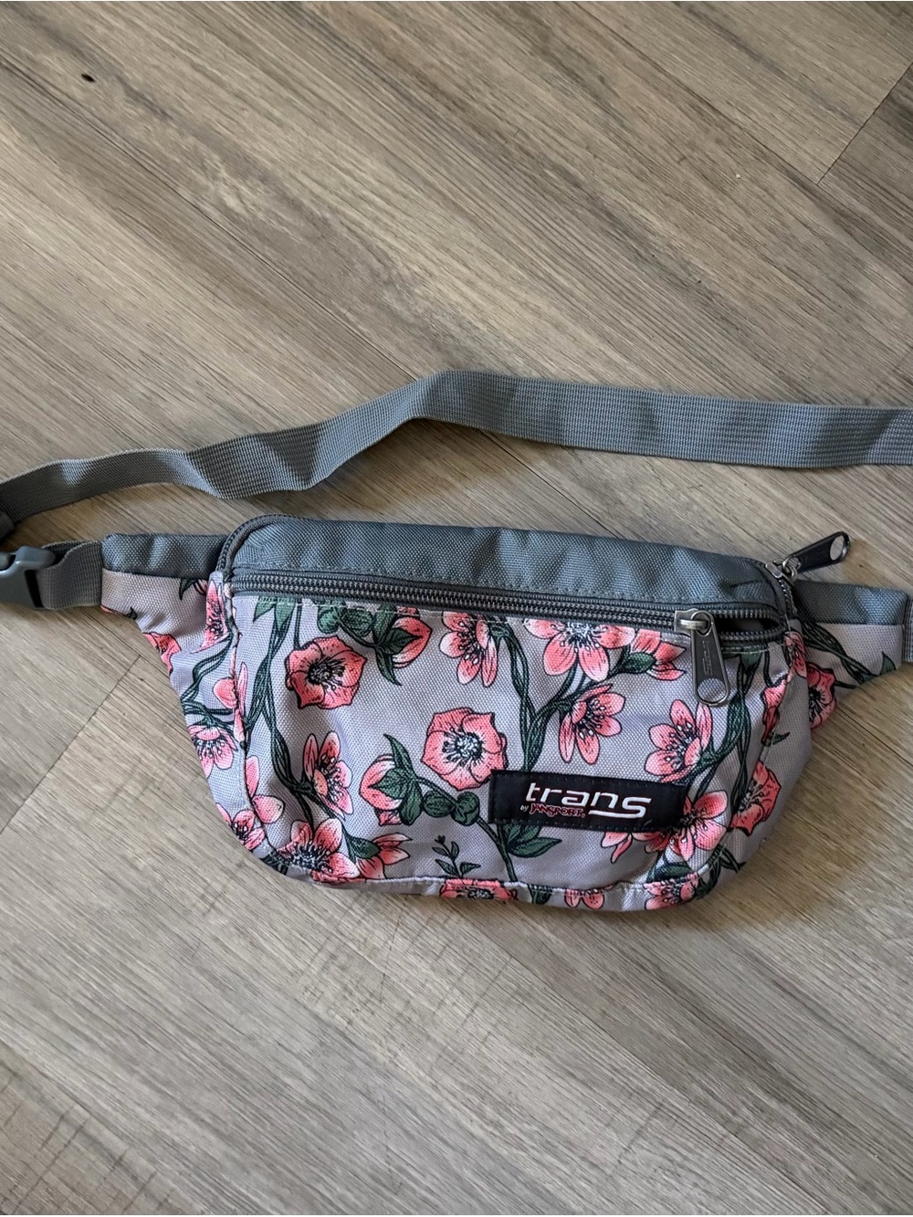 Jansport Gray Crossbody Floral Waist Pack with Pink Flowers